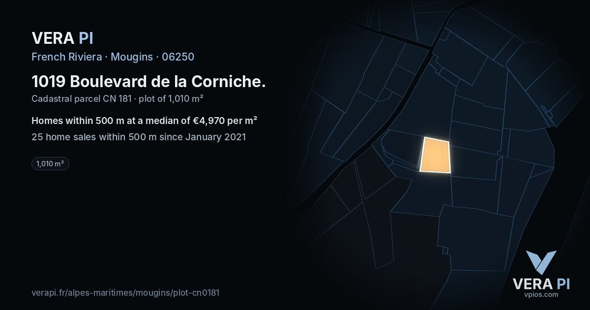 1019 Boulevard de la Corniche, Mougins at night – the plot lit, the parcels around coloured by the prices near them