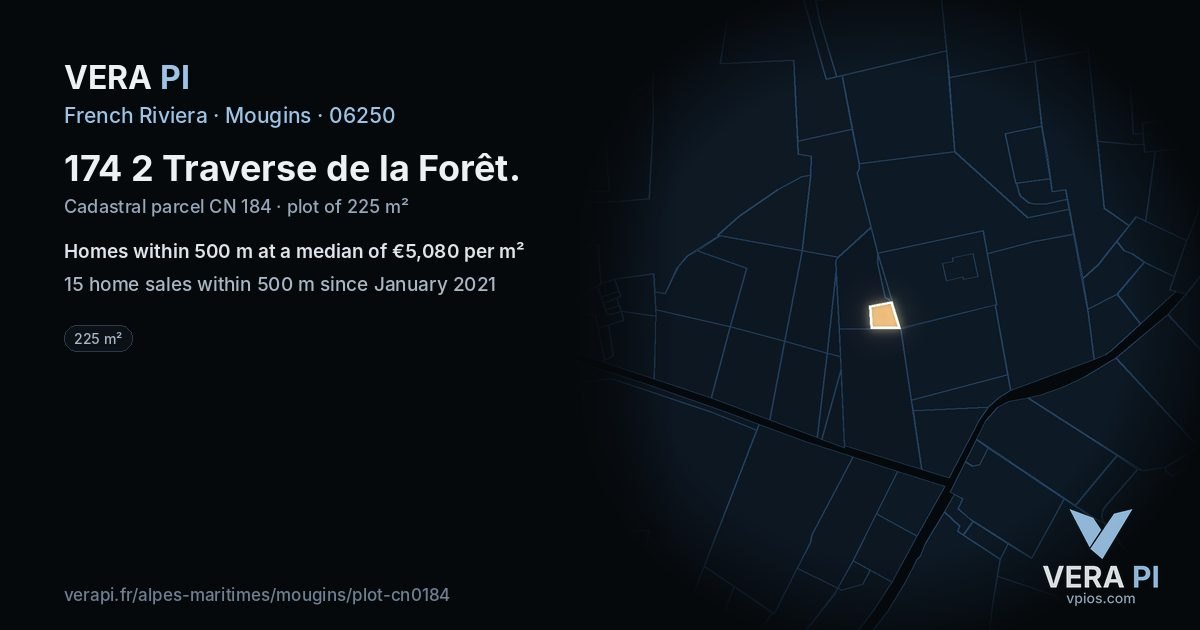 174 2 Traverse de la Forêt, Mougins at night – the plot lit, the parcels around coloured by the prices near them