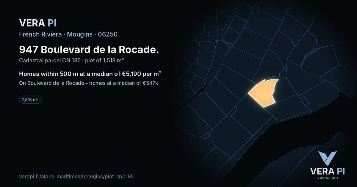 947 Boulevard de la Rocade, Mougins at night – the plot lit, the parcels around coloured by the prices near them