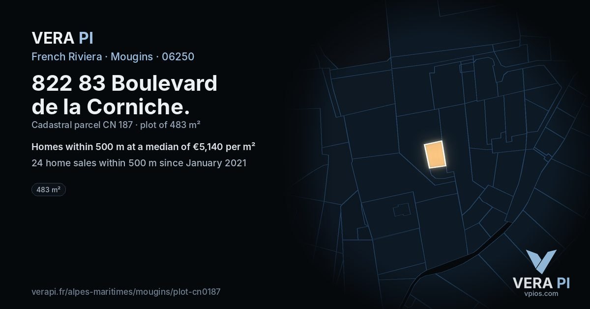 822 83 Boulevard de la Corniche, Mougins at night – the plot lit, the parcels around coloured by the prices near them