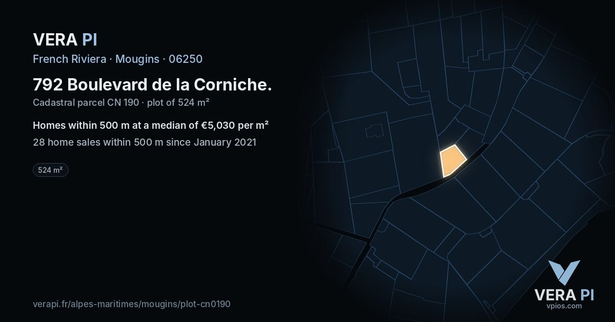 792 Boulevard de la Corniche, Mougins at night – the plot lit, the parcels around coloured by the prices near them