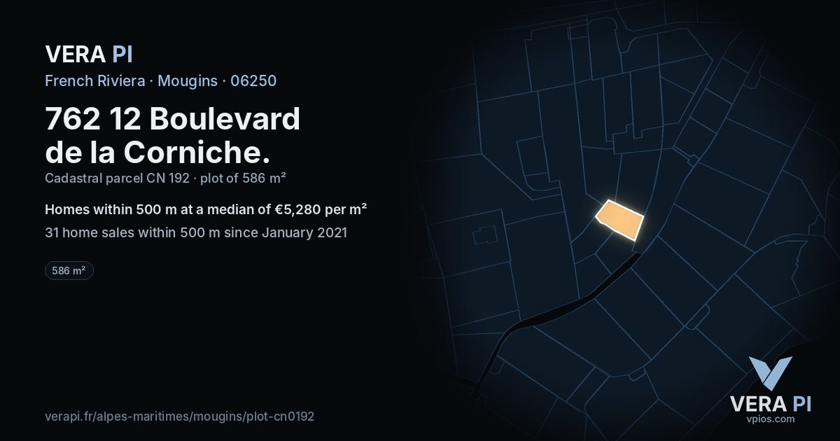 762 12 Boulevard de la Corniche, Mougins at night – the plot lit, the parcels around coloured by the prices near them