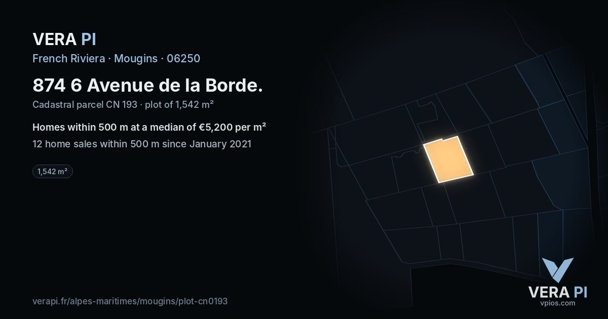 874 6 Avenue de la Borde, Mougins at night – the plot lit, the parcels around coloured by the prices near them