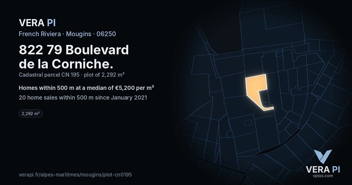 822 79 Boulevard de la Corniche, Mougins at night – the plot lit, the parcels around coloured by the prices near them