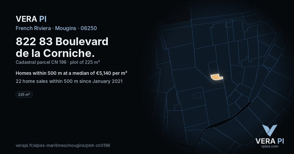 822 83 Boulevard de la Corniche, Mougins at night – the plot lit, the parcels around coloured by the prices near them