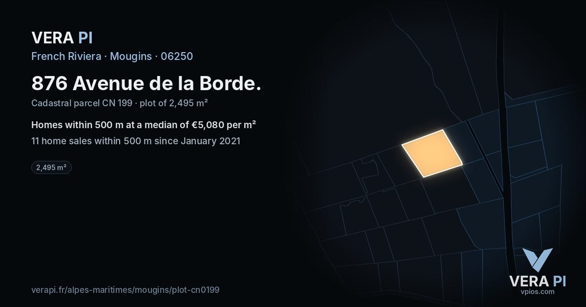 876 Avenue de la Borde, Mougins at night – the plot lit, the parcels around coloured by the prices near them