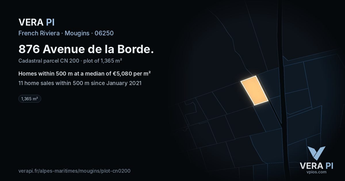 876 Avenue de la Borde, Mougins at night – the plot lit, the parcels around coloured by the prices near them
