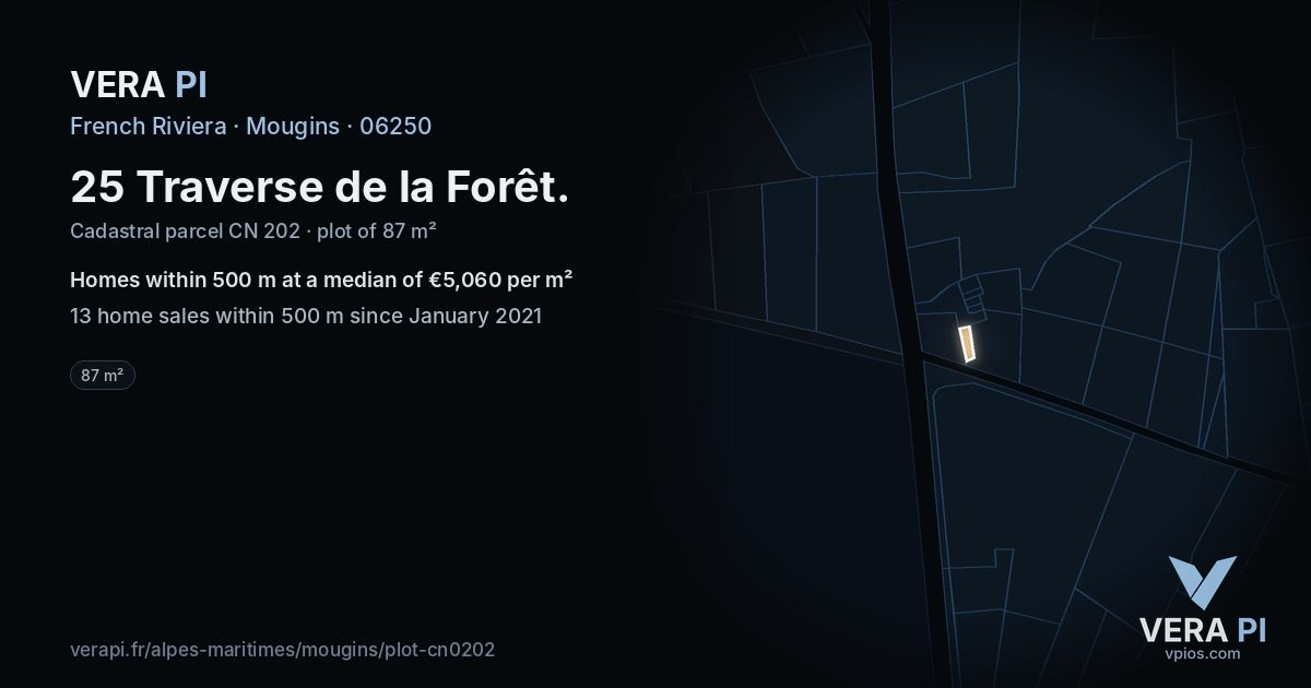 25 Traverse de la Forêt, Mougins at night – the plot lit, the parcels around coloured by the prices near them