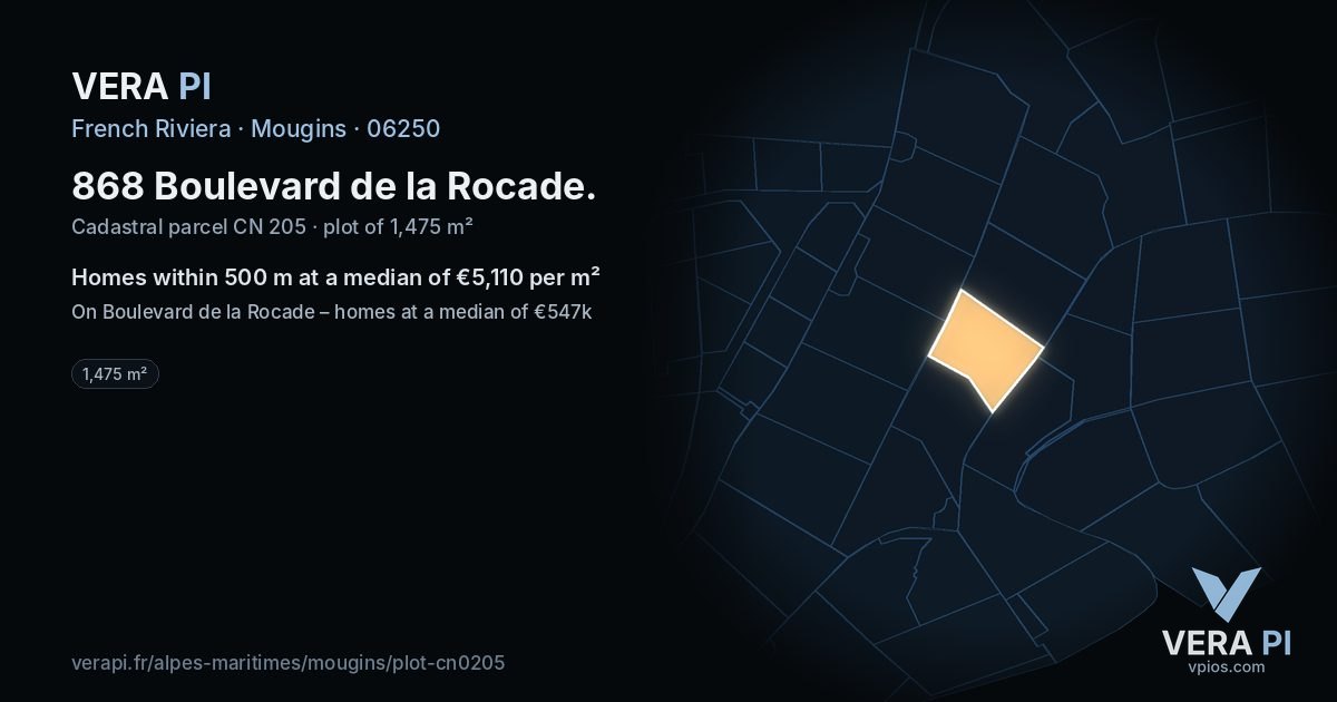 868 Boulevard de la Rocade, Mougins at night – the plot lit, the parcels around coloured by the prices near them