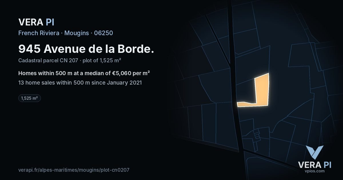 945 Avenue de la Borde, Mougins at night – the plot lit, the parcels around coloured by the prices near them