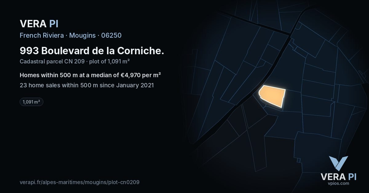 993 Boulevard de la Corniche, Mougins at night – the plot lit, the parcels around coloured by the prices near them