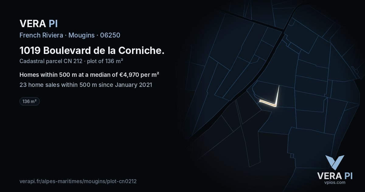 1019 Boulevard de la Corniche, Mougins at night – the plot lit, the parcels around coloured by the prices near them