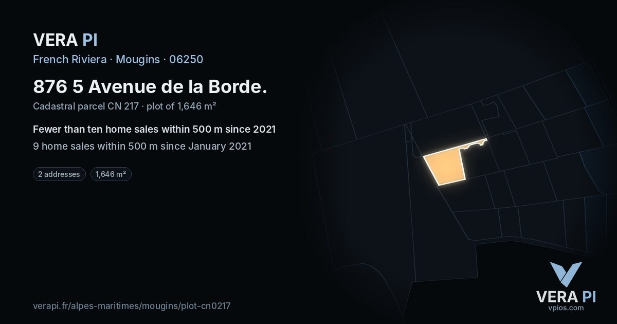 876 5 Avenue de la Borde, Mougins at night – the plot lit, the parcels around coloured by the prices near them