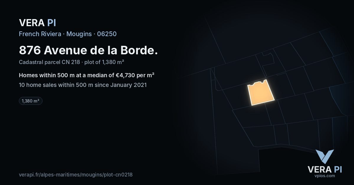 876 Avenue de la Borde, Mougins at night – the plot lit, the parcels around coloured by the prices near them