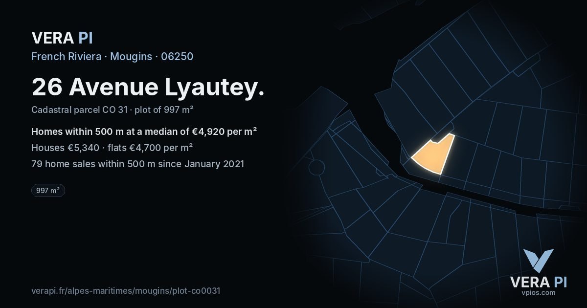 26 Avenue Lyautey, Mougins at night – the plot lit, the parcels around coloured by the prices near them