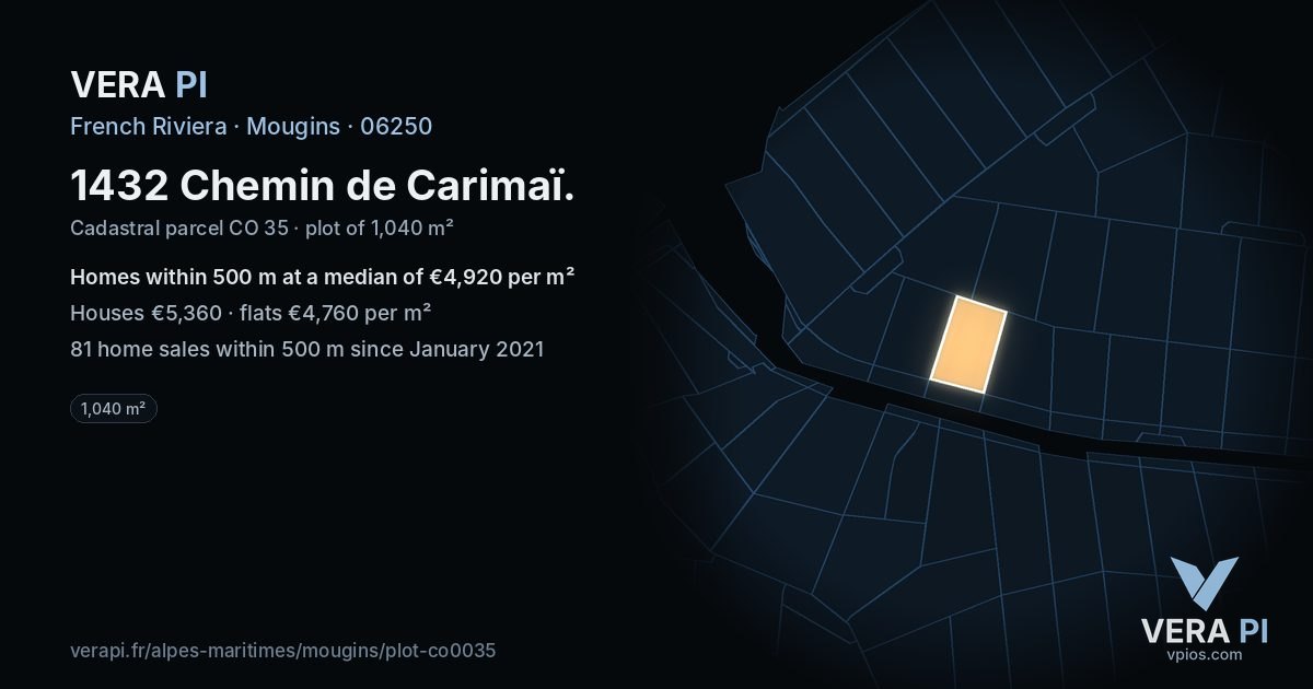 1432 Chemin de Carimaï, Mougins at night – the plot lit, the parcels around coloured by the prices near them