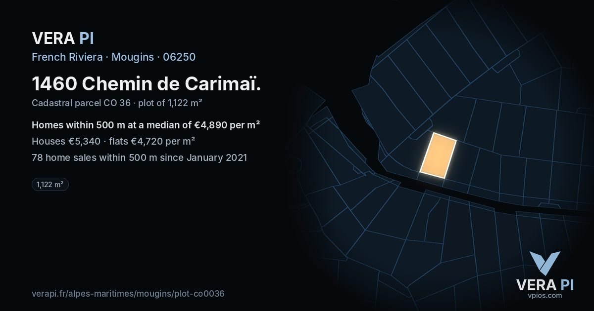 1460 Chemin de Carimaï, Mougins at night – the plot lit, the parcels around coloured by the prices near them