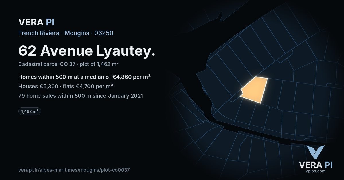62 Avenue Lyautey, Mougins at night – the plot lit, the parcels around coloured by the prices near them