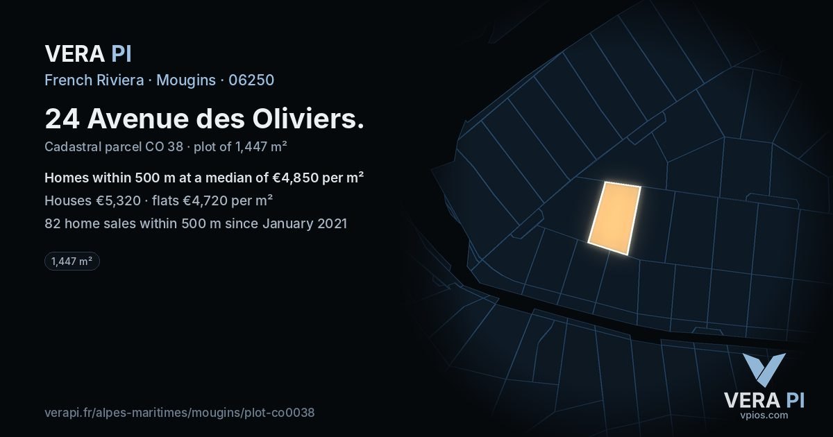 24 Avenue des Oliviers, Mougins at night – the plot lit, the parcels around coloured by the prices near them