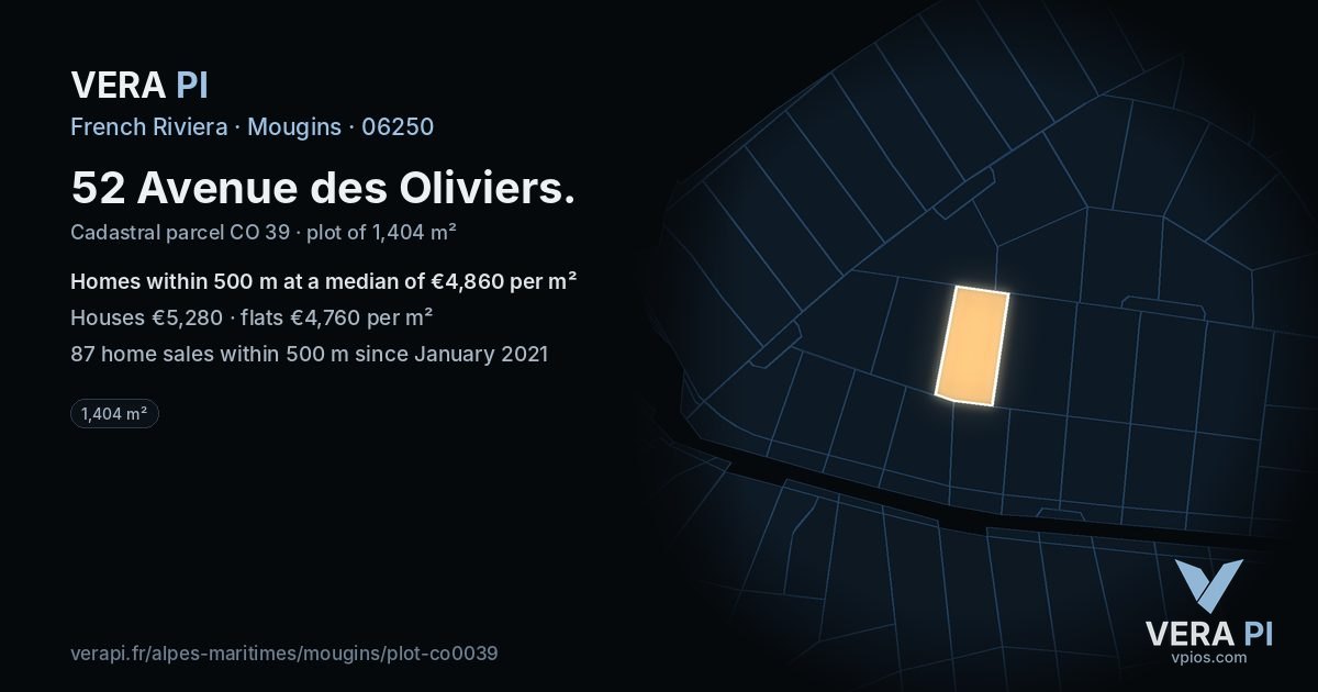 52 Avenue des Oliviers, Mougins at night – the plot lit, the parcels around coloured by the prices near them