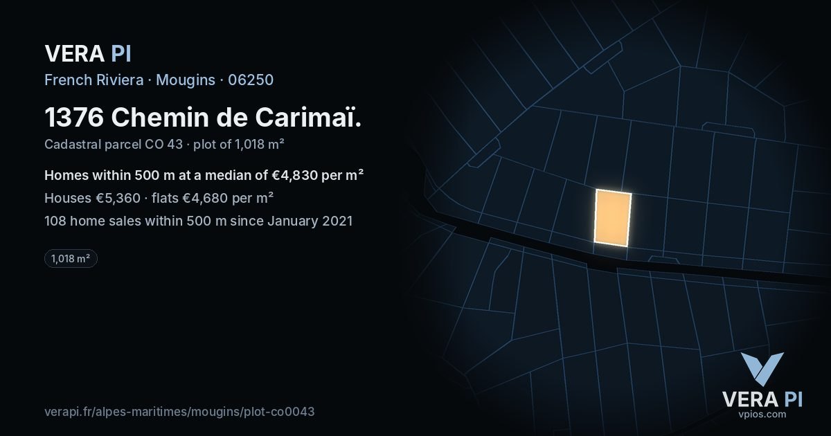 1376 Chemin de Carimaï, Mougins at night – the plot lit, the parcels around coloured by the prices near them