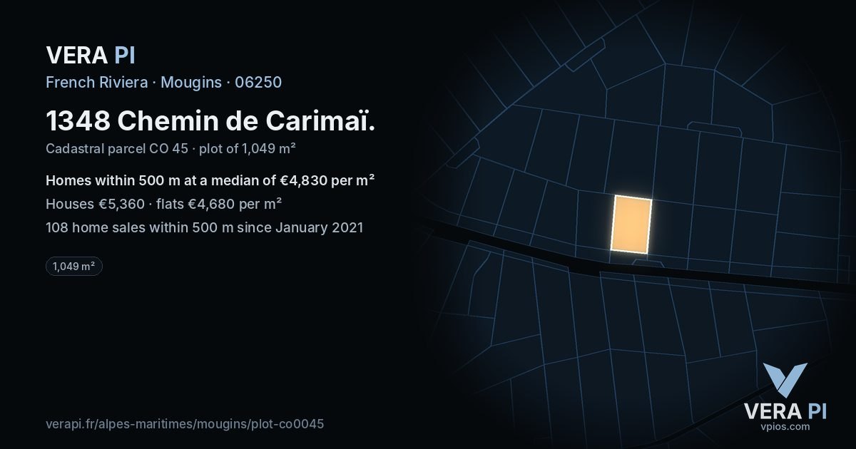 1348 Chemin de Carimaï, Mougins at night – the plot lit, the parcels around coloured by the prices near them
