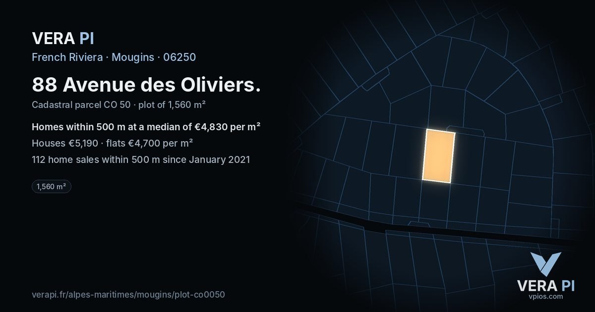 88 Avenue des Oliviers, Mougins at night – the plot lit, the parcels around coloured by the prices near them
