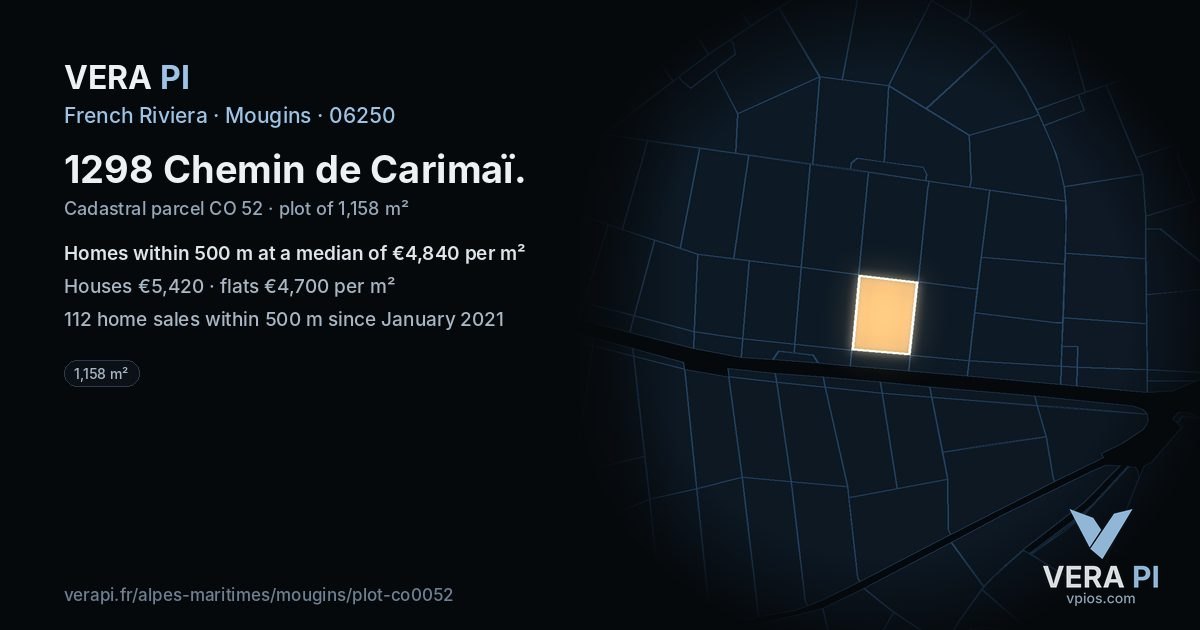 1298 Chemin de Carimaï, Mougins at night – the plot lit, the parcels around coloured by the prices near them