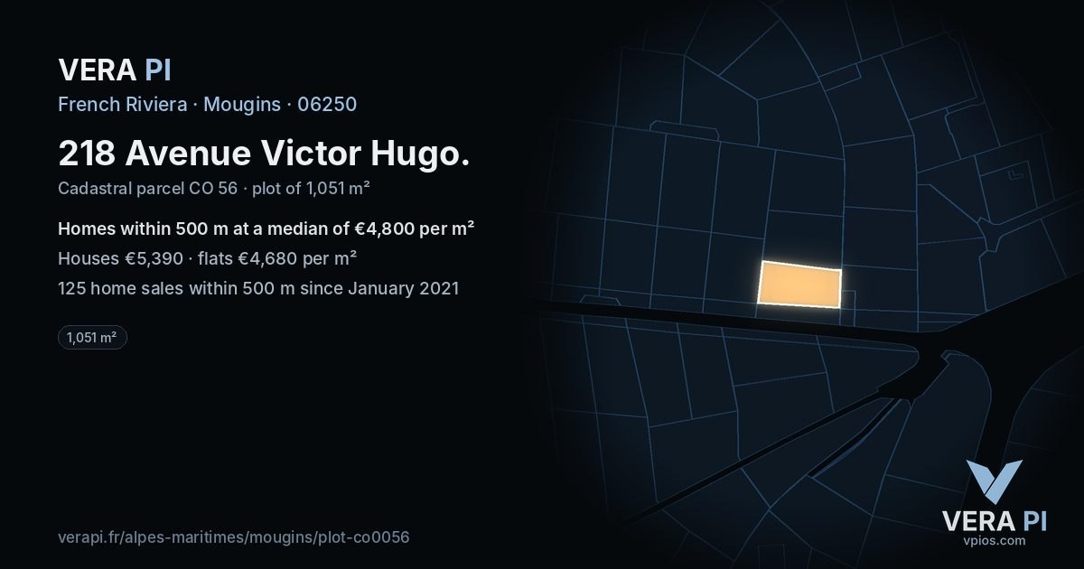 218 Avenue Victor Hugo, Mougins at night – the plot lit, the parcels around coloured by the prices near them