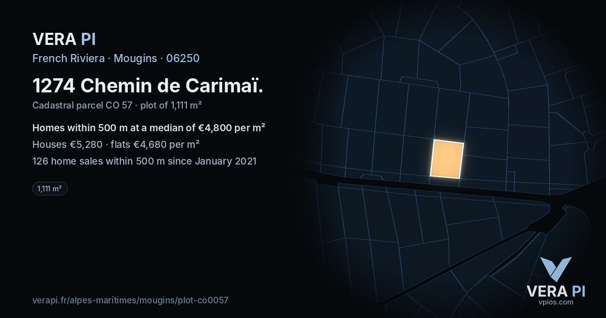 1274 Chemin de Carimaï, Mougins at night – the plot lit, the parcels around coloured by the prices near them