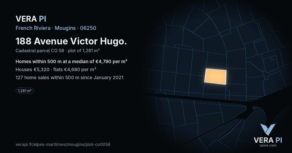 188 Avenue Victor Hugo, Mougins at night – the plot lit, the parcels around coloured by the prices near them