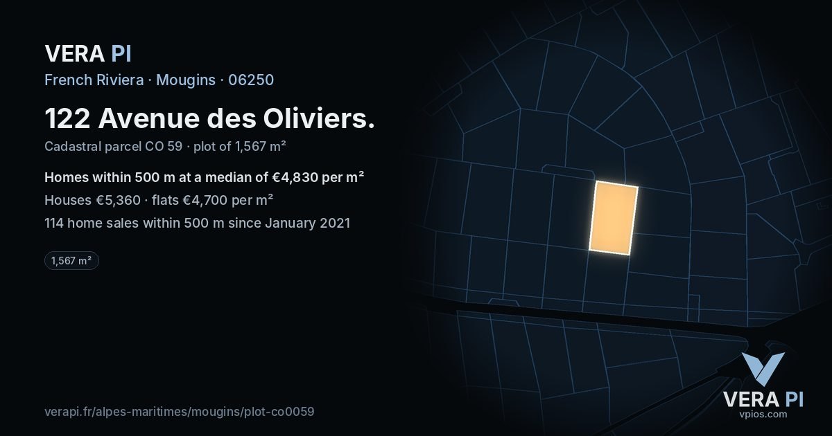 122 Avenue des Oliviers, Mougins at night – the plot lit, the parcels around coloured by the prices near them