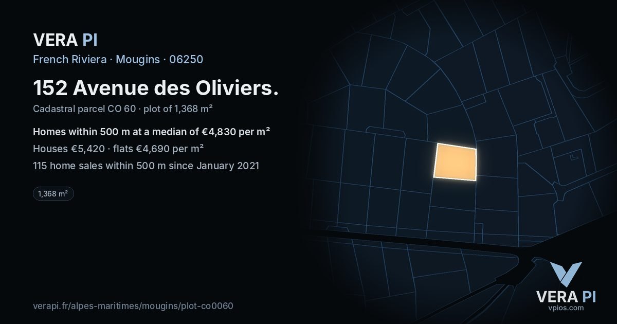152 Avenue des Oliviers, Mougins at night – the plot lit, the parcels around coloured by the prices near them