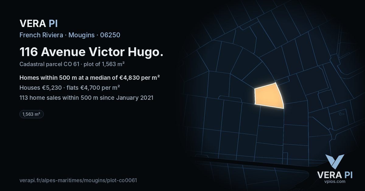 116 Avenue Victor Hugo, Mougins at night – the plot lit, the parcels around coloured by the prices near them