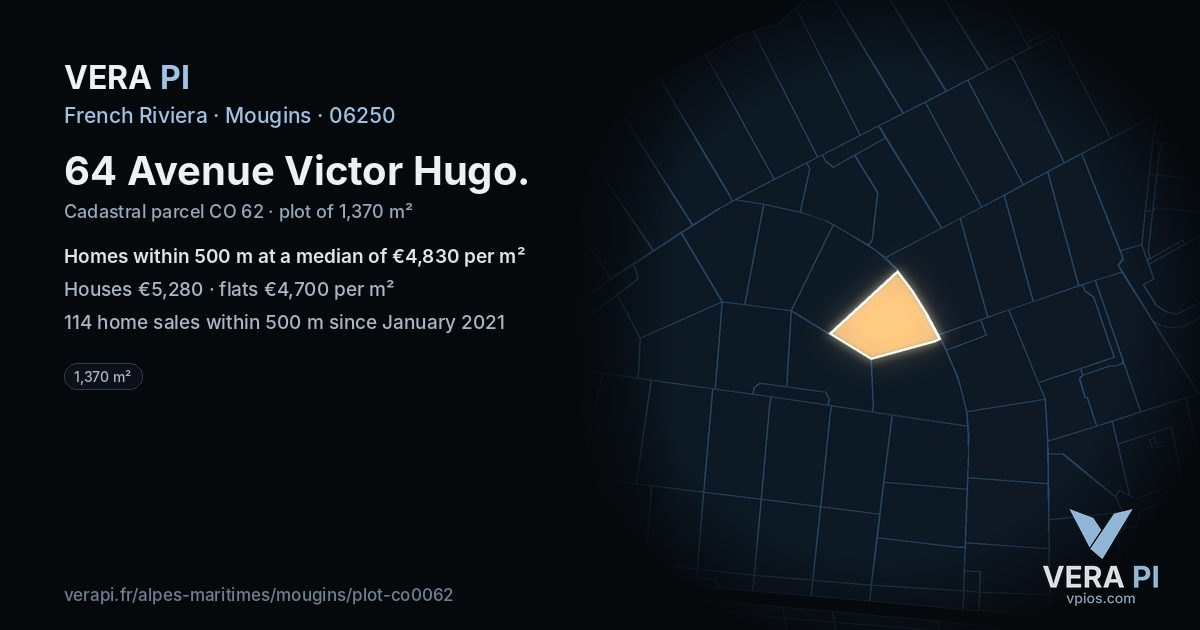 64 Avenue Victor Hugo, Mougins at night – the plot lit, the parcels around coloured by the prices near them
