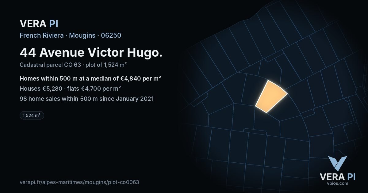 44 Avenue Victor Hugo, Mougins at night – the plot lit, the parcels around coloured by the prices near them