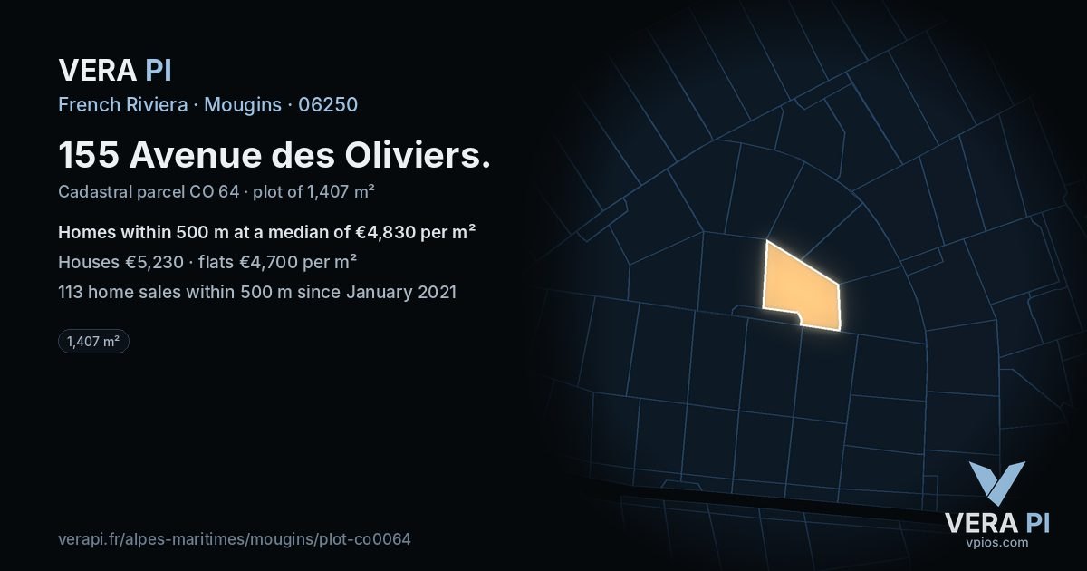 155 Avenue des Oliviers, Mougins at night – the plot lit, the parcels around coloured by the prices near them