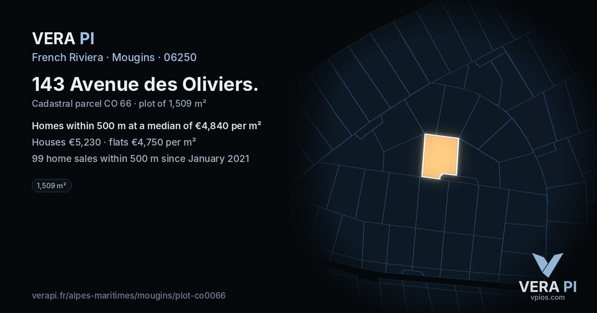 143 Avenue des Oliviers, Mougins at night – the plot lit, the parcels around coloured by the prices near them