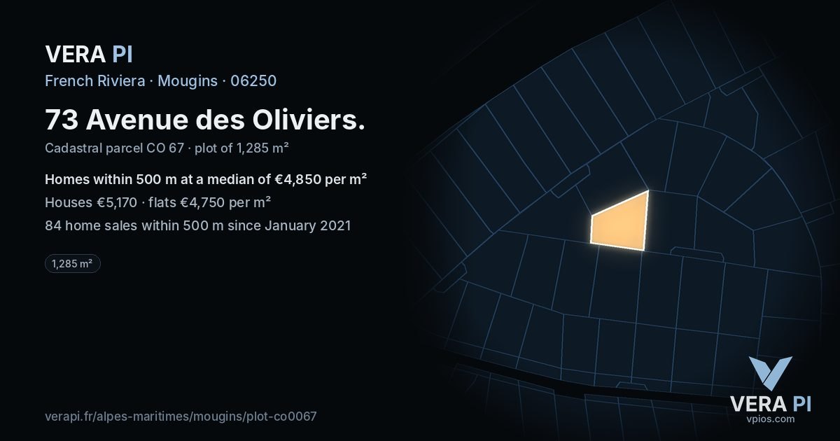 73 Avenue des Oliviers, Mougins at night – the plot lit, the parcels around coloured by the prices near them