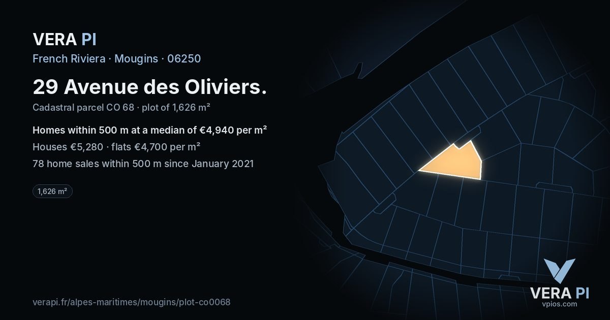 29 Avenue des Oliviers, Mougins at night – the plot lit, the parcels around coloured by the prices near them