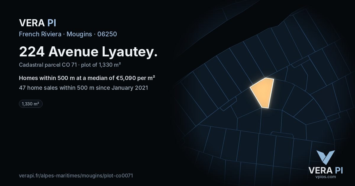 224 Avenue Lyautey, Mougins at night – the plot lit, the parcels around coloured by the prices near them