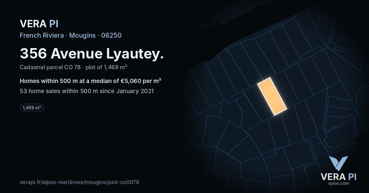 356 Avenue Lyautey, Mougins at night – the plot lit, the parcels around coloured by the prices near them