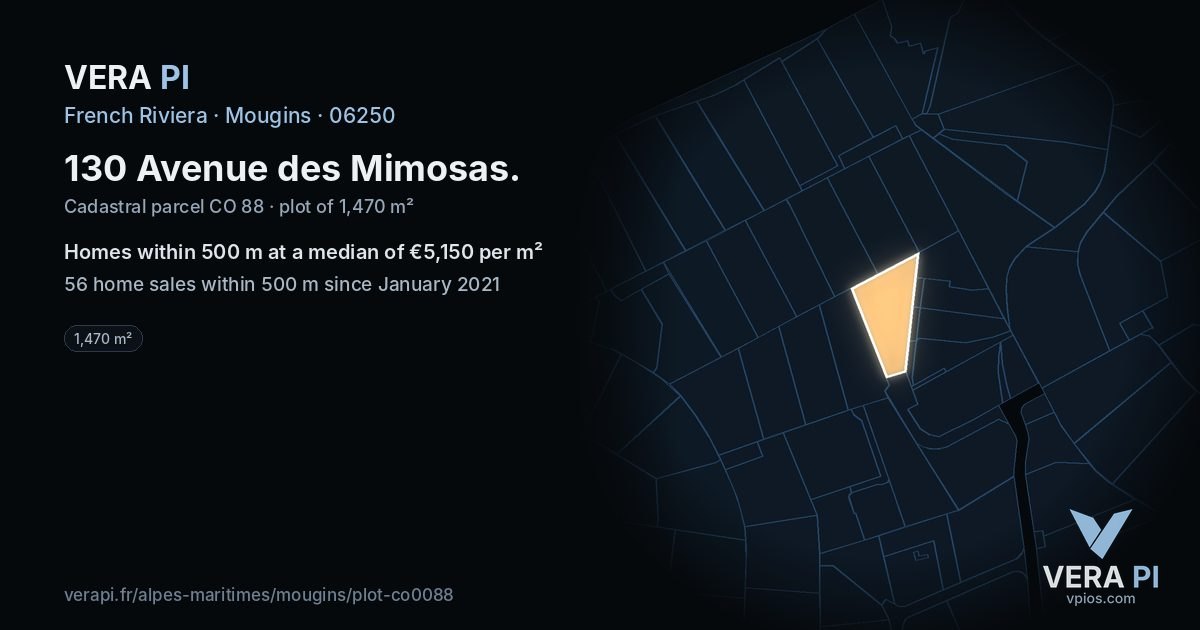 130 Avenue des Mimosas, Mougins at night – the plot lit, the parcels around coloured by the prices near them