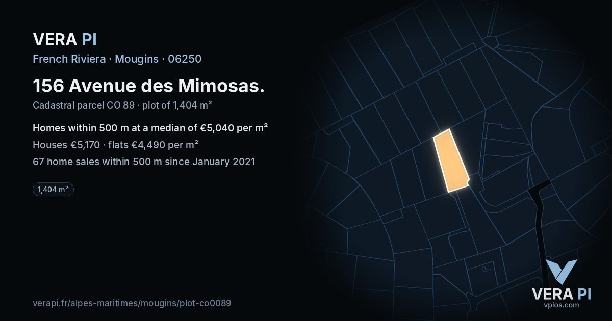 156 Avenue des Mimosas, Mougins at night – the plot lit, the parcels around coloured by the prices near them