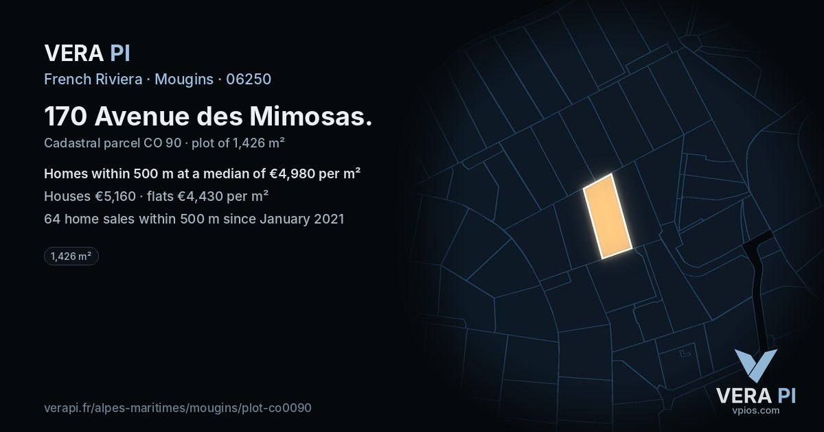 170 Avenue des Mimosas, Mougins at night – the plot lit, the parcels around coloured by the prices near them