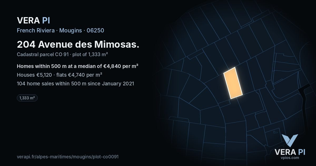 204 Avenue des Mimosas, Mougins at night – the plot lit, the parcels around coloured by the prices near them
