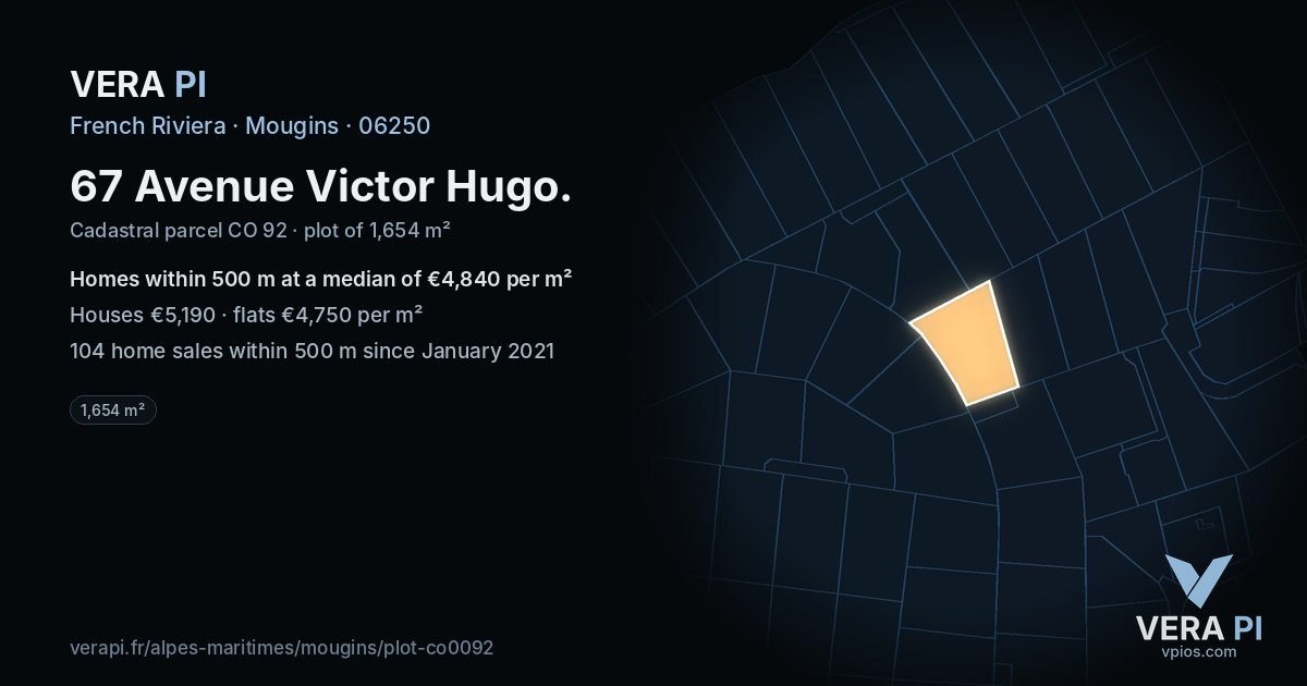 67 Avenue Victor Hugo, Mougins at night – the plot lit, the parcels around coloured by the prices near them