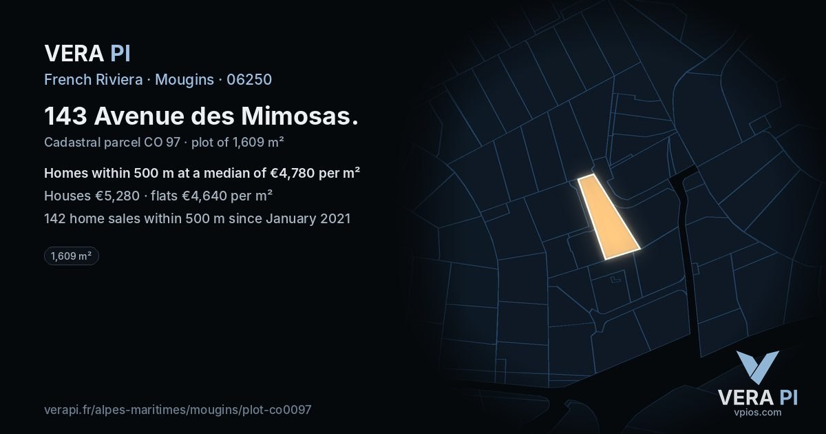143 Avenue des Mimosas, Mougins at night – the plot lit, the parcels around coloured by the prices near them