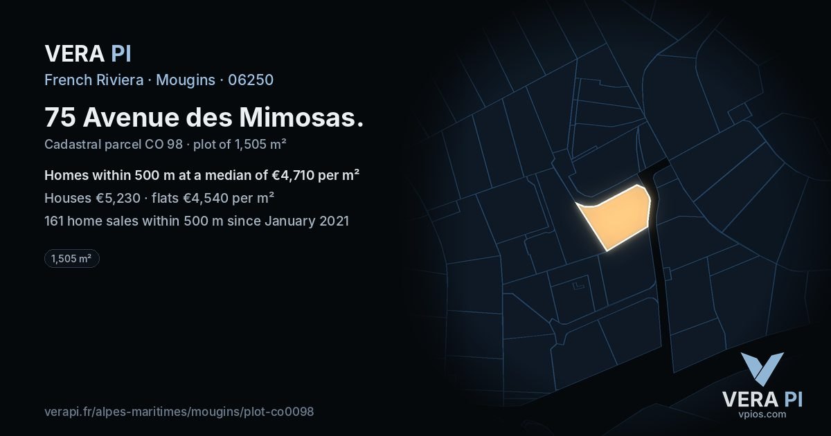 75 Avenue des Mimosas, Mougins at night – the plot lit, the parcels around coloured by the prices near them