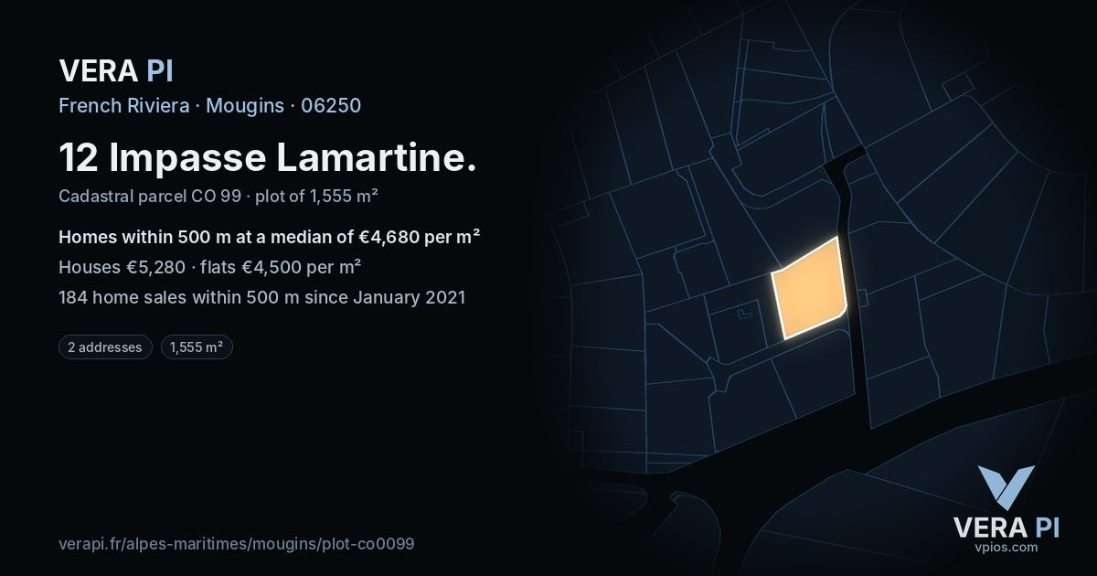 12 Impasse Lamartine, Mougins at night – the plot lit, the parcels around coloured by the prices near them